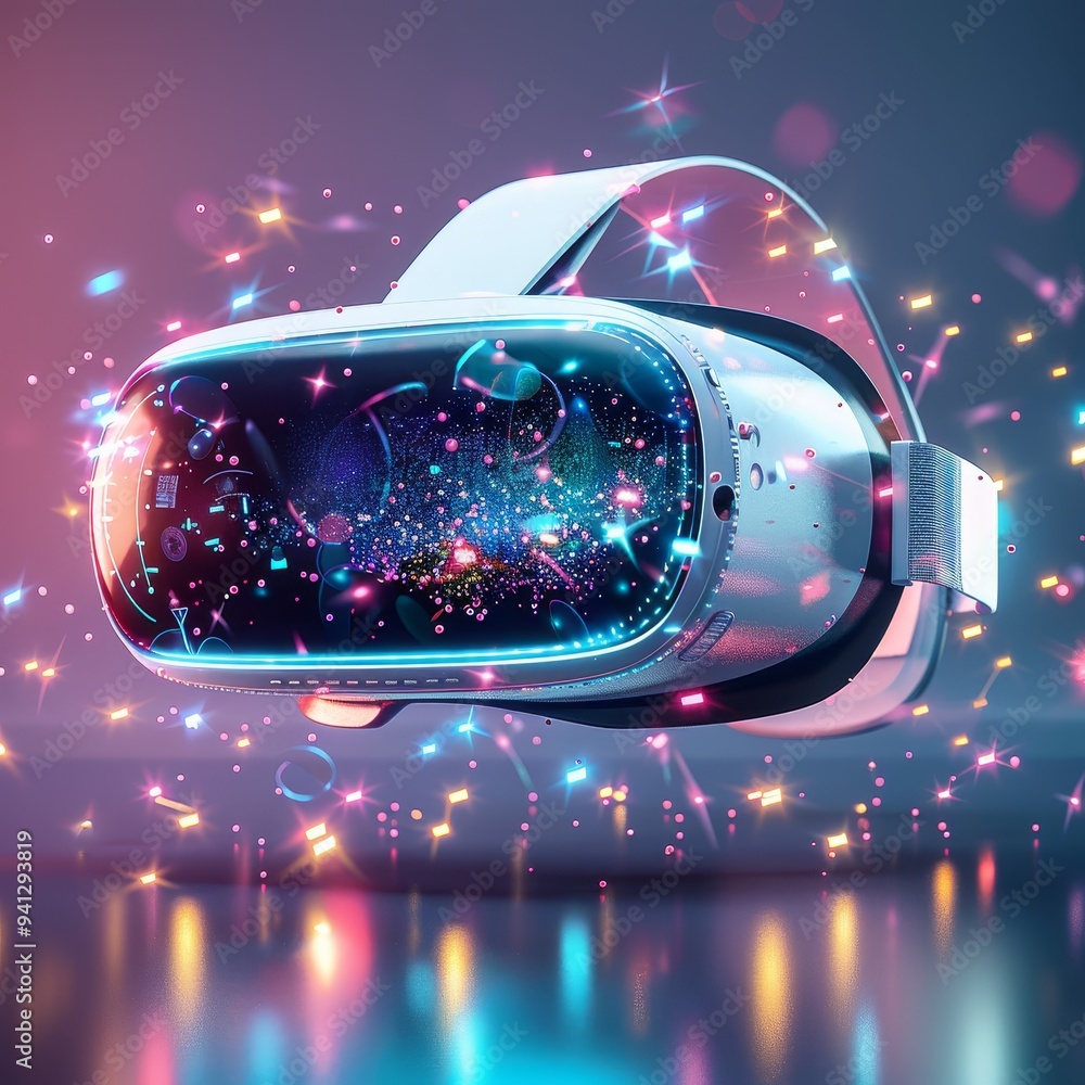 A futuristic VR headset with a colorful, abstract display and glowing particles. A futuristic VR headset with a colorful, abstract display and glowing particles.