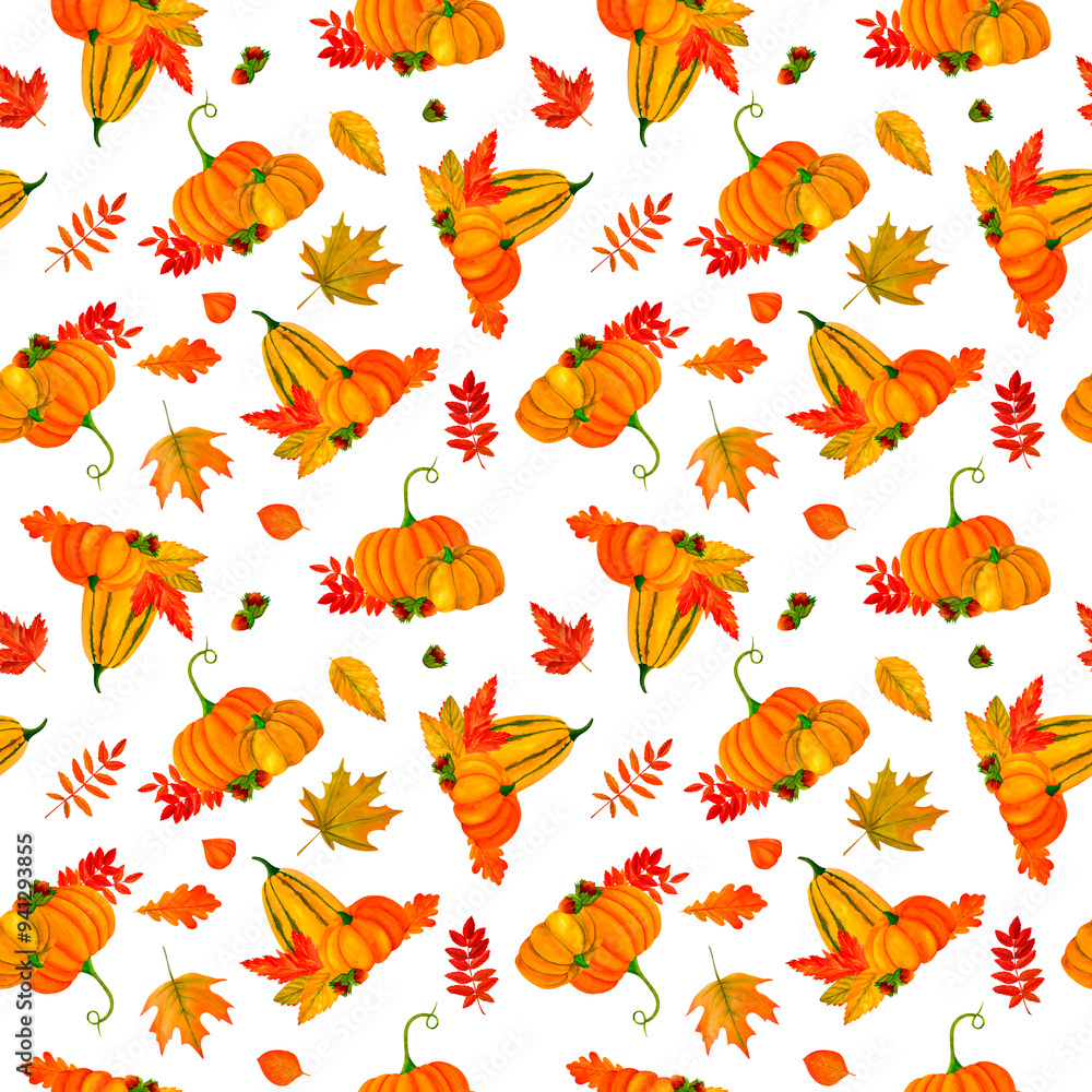 Fototapeta premium Pumpkin and autumn leaves seamless pattern, watercolor botanical illustration, for prints, invitations, cards for the autumn holidays Thanksgiving, Halloween, harvest festival, farmer's market.