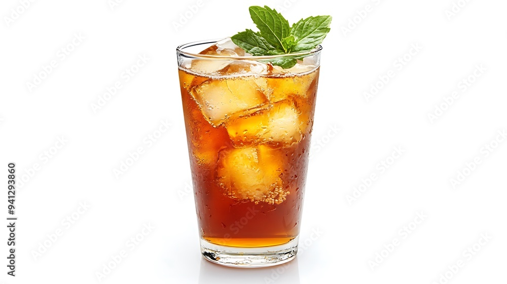 Refreshing iced tea in a tall glass with ice cubes and a sprig of mint. Refreshing iced tea in a tall glass with ice cubes and a sprig of mint.