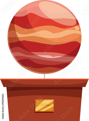 Cartoon jupiter planet model standing on wooden pedestal with golden name plate