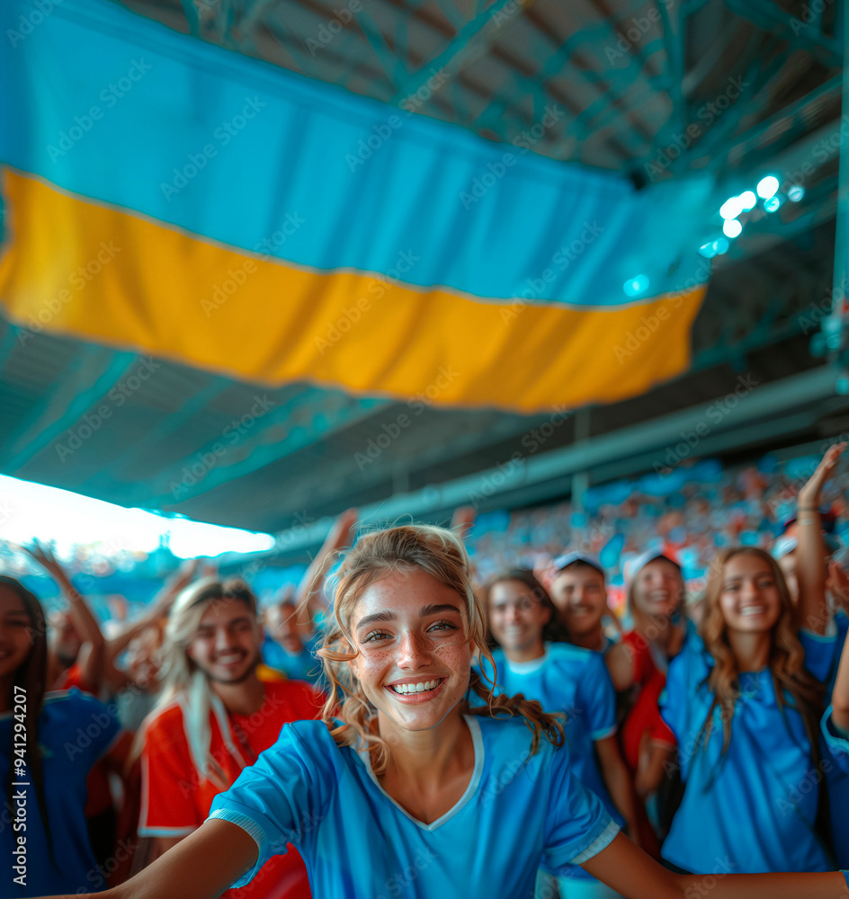 Fototapeta premium Excited soccer fans waving flags in a packed stadium