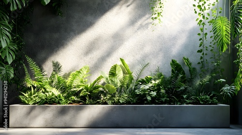 Lush urban garden, concrete rectangular planters, abundant tropical foliage, monstera leaves, ferns, trailing plants, modern architectural backdrop, minimalist design.