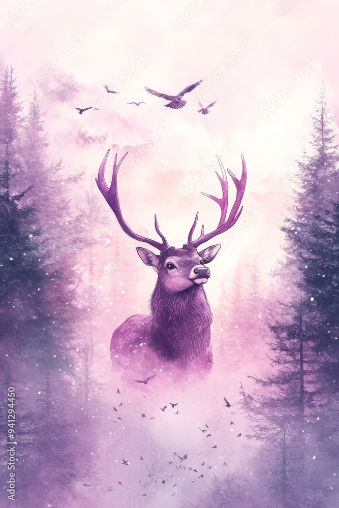 Naklejka premium Watercolour illustration of beautiful deer standing in a snowy forest, purple and orange colors for Christmas, new year cards, posters, winter season backgrounds, prints