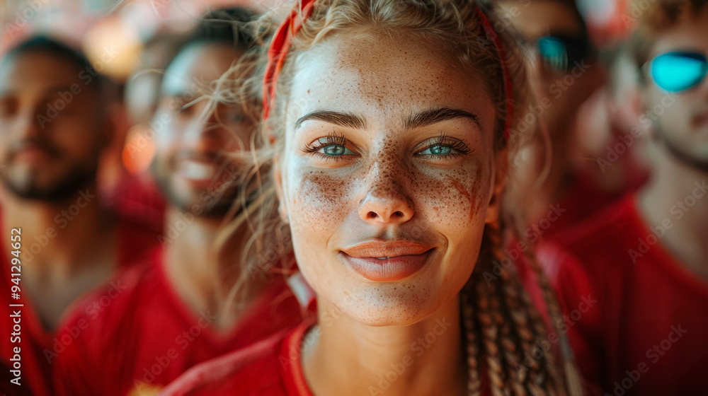 Close-up of woman with braids and freckles at a soccer game Close-up of woman with braids and freckles at a soccer game