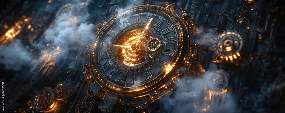 Steampunk clock tower, gears turning, steam releasing, 3D animation Steampunk clock tower, gears turning, steam releasing, 3D animation