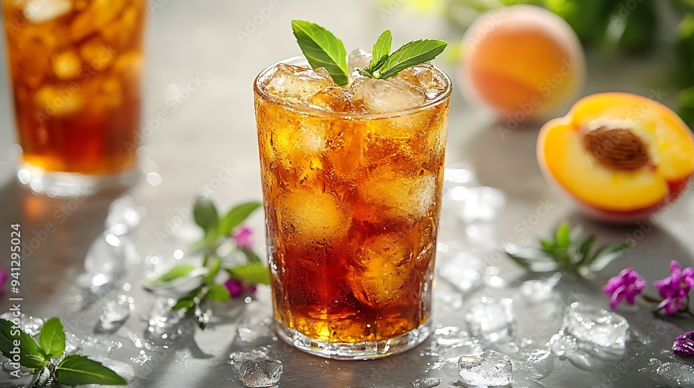 Refreshing iced tea with peach slices and mint leaves in a glass.