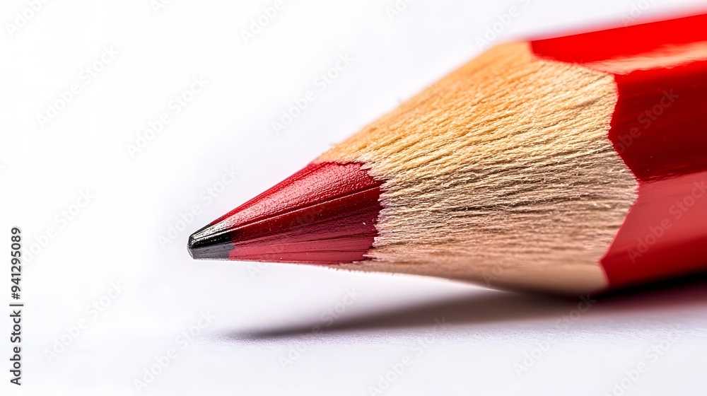 Macro shot of red pencil tip, extreme close-up, sharp graphite point, wooden texture, minimalist composition, white background, high-contrast lighting, product photography.