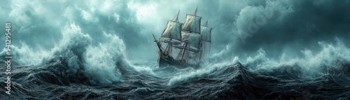 Stormy sea with a pirate ship battling giant waves, dramatic weather effects, 3D animation