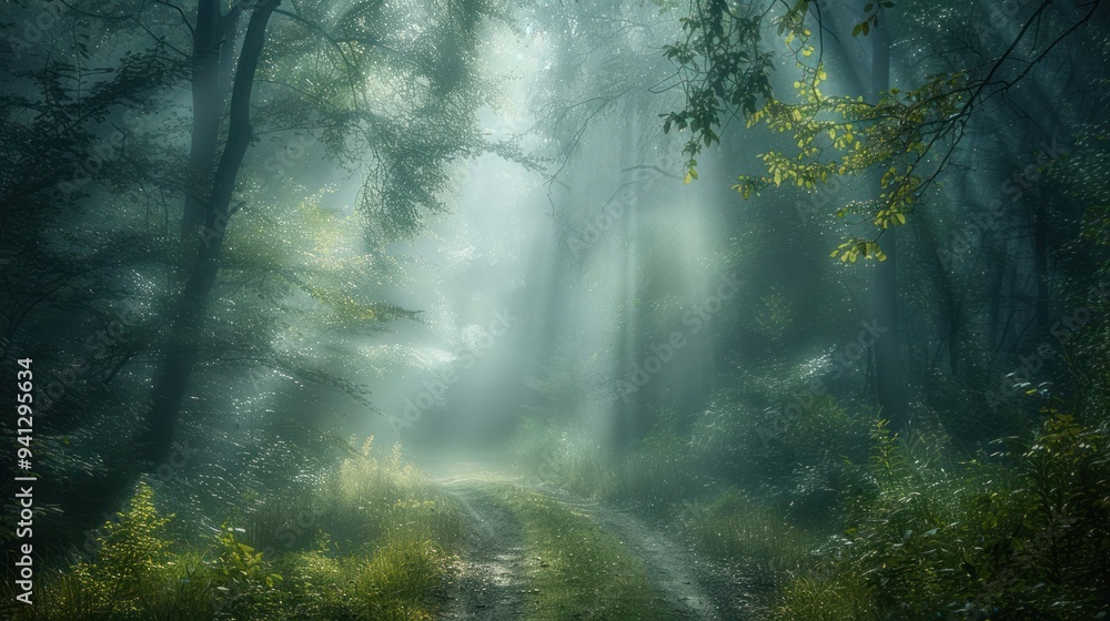 A foggy forest path with shafts of light piercing through the mist, creating a dramatic effect A foggy forest path with shafts of light piercing through the mist, creating a dramatic effect