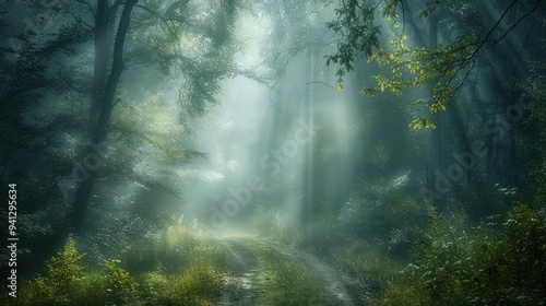 Fototapeta Naklejka Na Ścianę i Meble -  A foggy forest path with shafts of light piercing through the mist, creating a dramatic effect