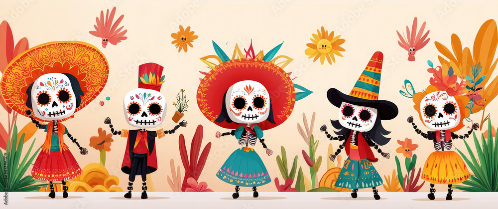 A vibrant Dia de los Muertos skull parade showcasing colorful costumes and decorative skulls, featuring clear text sections set against a lively street scene backdrop. A vibrant Dia de los Muertos skull parade showcasing colorful costumes and decorative skulls, featuring clear text sections set against a lively street scene backdrop.