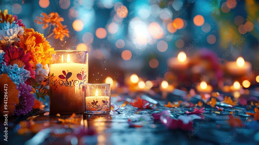 A captivating historic Day of the Dead celebration scene at night featuring glowing candles, creating a vibrant atmosphere in a wide open space ideal for overlaying text or graphics. A captivating historic Day of the Dead celebration scene at night featuring glowing candles, creating a vibrant atmosphere in a wide open space ideal for overlaying text or graphics.