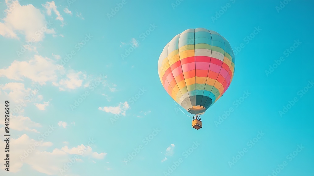 Obraz premium One Colorful hot air balloon floating in a clear blue sky, vibrant rainbow patterns, wispy white clouds, bright sunlight, panoramic view, adventure theme, summer day.