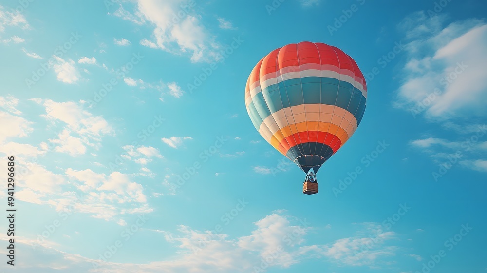 One Colorful hot air balloon floating in a clear blue sky, vibrant rainbow patterns, wispy white clouds, bright sunlight, panoramic view, adventure theme, summer day. One Colorful hot air balloon floating in a clear blue sky, vibrant rainbow patterns, wispy white clouds, bright sunlight, panoramic view, adventure theme, summer day.