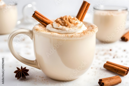 A rich and creamy eggnog in a festive mug with a sprinkle of nutmeg on a white background, AI Generated