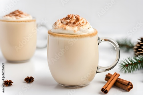 A rich and creamy eggnog in a festive mug with a sprinkle of nutmeg on a white background, AI Generated