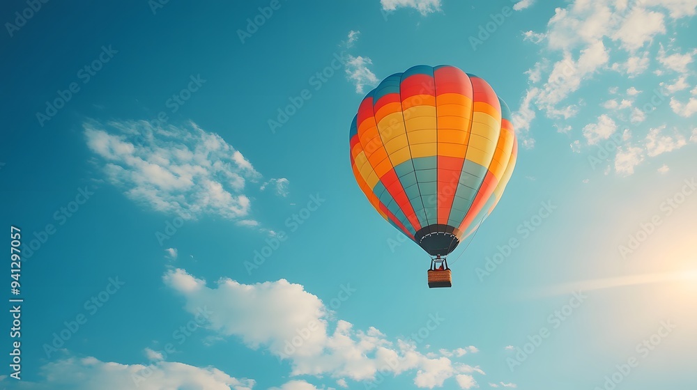 One Colorful hot air balloon floating in a clear blue sky, vibrant rainbow patterns, wispy white clouds, bright sunlight, panoramic view, adventure theme, summer day. One Colorful hot air balloon floating in a clear blue sky, vibrant rainbow patterns, wispy white clouds, bright sunlight, panoramic view, adventure theme, summer day.