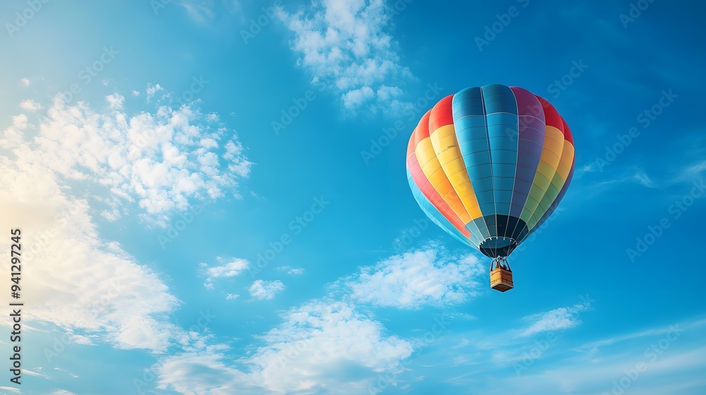 Fototapeta premium One Colorful hot air balloon floating in a clear blue sky, vibrant rainbow patterns, wispy white clouds, bright sunlight, panoramic view, adventure theme, summer day.