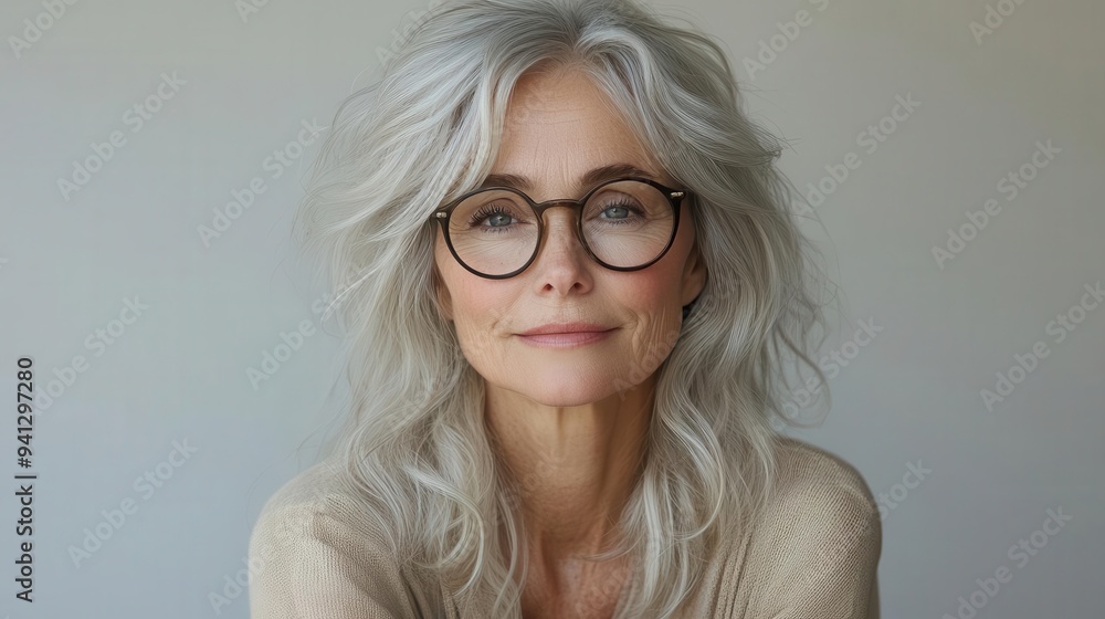 warm genuine portrait of senior woman with silver hair kind eyes behind stylish glasses soft smile lines set against clean white background warm genuine portrait of senior woman with silver hair kind eyes behind stylish glasses soft smile lines set against clean white background