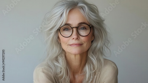 warm genuine portrait of senior woman with silver hair kind eyes behind stylish glasses soft smile lines set against clean white background