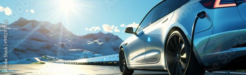 Picture an electric vehicle charging against a snowy mountainside, a symbol of sustainable travel and clean energy. It signifies progress in ecofriendly transportation and technology