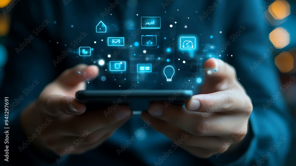 Person using a smartphone with icons for social media, communication, and online services floating above it.