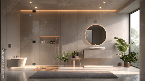 Wallpaper Mural A minimalist bathroom with a floating vanity, a frameless mirror, and a walk-in shower with a glass partition, all in shades of white and gray to create a clean and spacious feel Torontodigital.ca