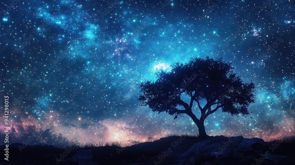 A serene silhouette of a tree against a stunning, starry night sky filled with vibrant colors and cosmic wonders. A serene silhouette of a tree against a stunning, starry night sky filled with vibrant colors and cosmic wonders.