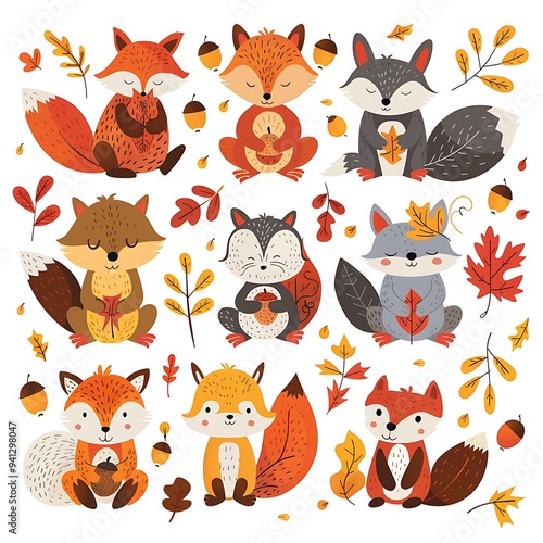 A collection of charming clipart showcasing adorable foxes surrounded by autumn leaves, acorns, and cozy fall vibes, perfect for seasonal projects and designs