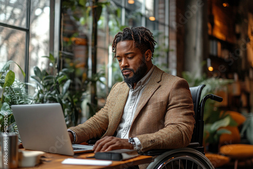 Focused black disabled man in wheelchair working with documents, using laptop at home office. Handicapped Afro man sitting at desk with computer, checking financial reports. 