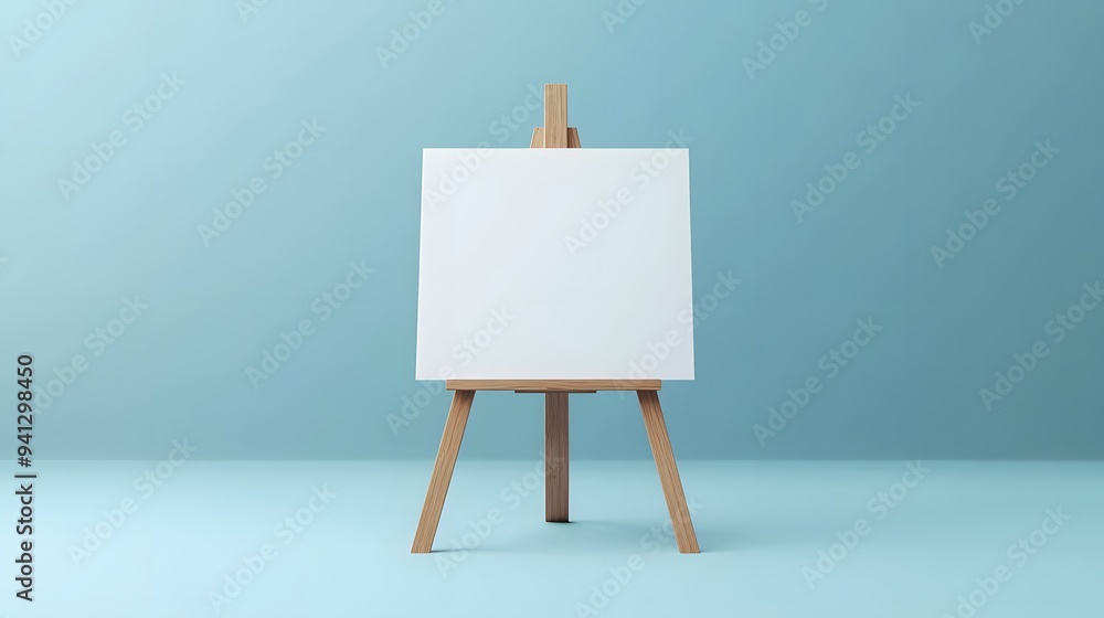 Wooden easel with blank white canvas, light blue background, minimalist composition, studio photography, soft diffused lighting, clean aesthetic, artistic setup. Wooden easel with blank white canvas, light blue background, minimalist composition, studio photography, soft diffused lighting, clean aesthetic, artistic setup.