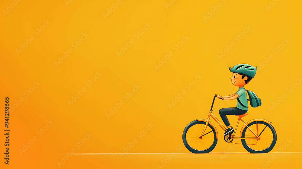 Fototapeta premium A cartoon illustration of a boy riding a bike, wearing a helmet and a backpack, on a bright yellow background.