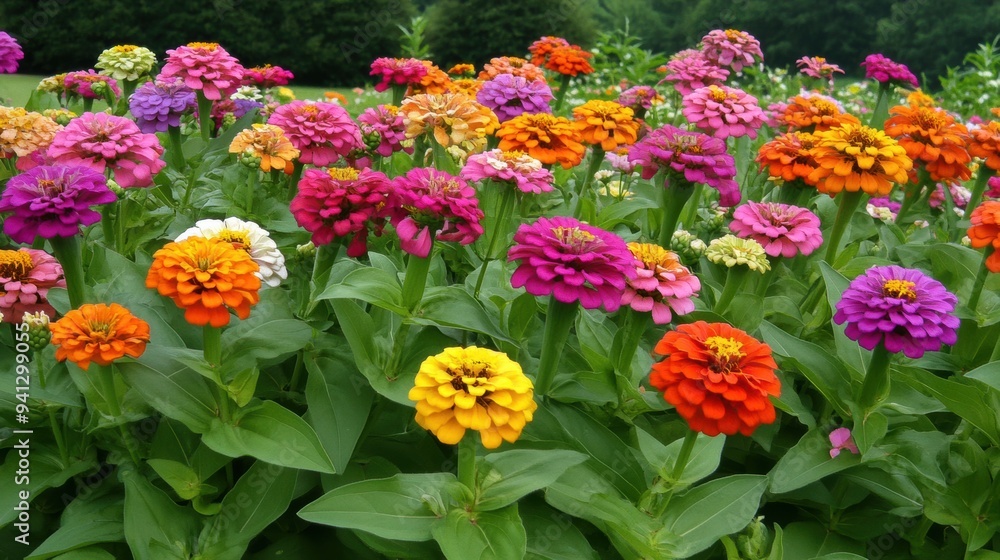 A field of colorful flowers with a green grassy background, AI A field of colorful flowers with a green grassy background, AI