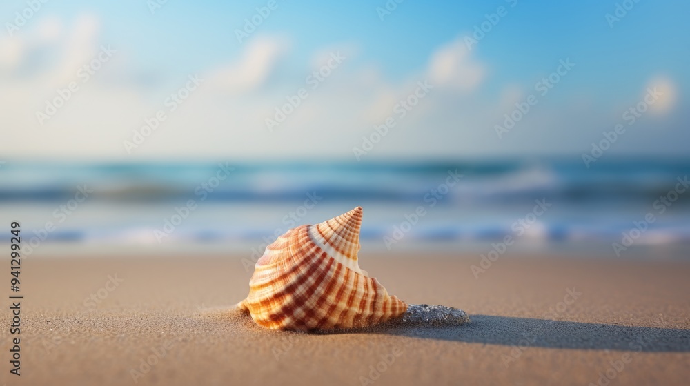 Small seashell on the beach with blurred sof sea and bokeh background Small seashell on the beach with blurred sof sea and bokeh background