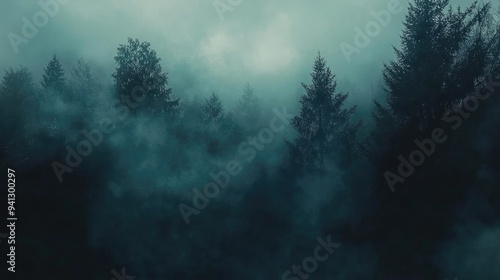 Mysterious forest shrouded in fog, creating an enchanting and eerie atmosphere. Perfect for nature and supernatural themes.