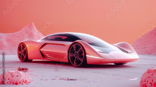 A futuristic pink car in a surreal landscape.