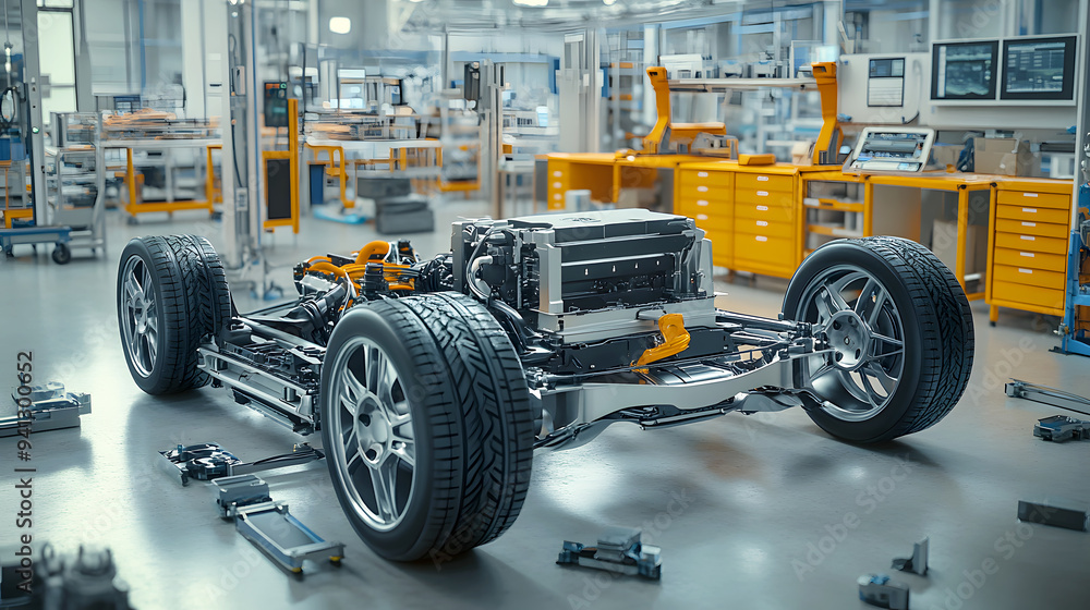 Cutaway An exploded view of the electric vehicle chassis on a factory floor, with various components such as the battery, motor, and suspension floating apart to showcase their individual details Cutaway An exploded view of the electric vehicle chassis on a factory floor, with various components such as the battery, motor, and suspension floating apart to showcase their individual details