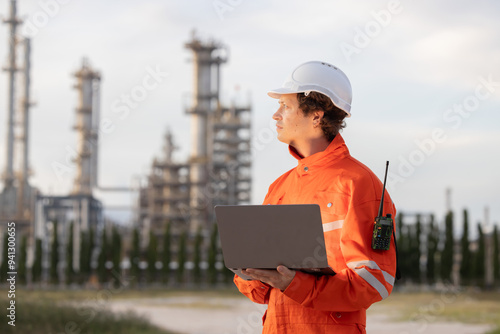 Engineer with laptop working at the oil refinery site