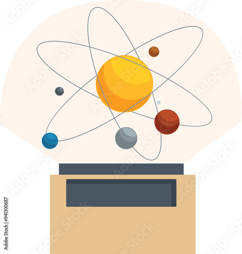Model of the solar system with planets rotating around the sun on display in a museum