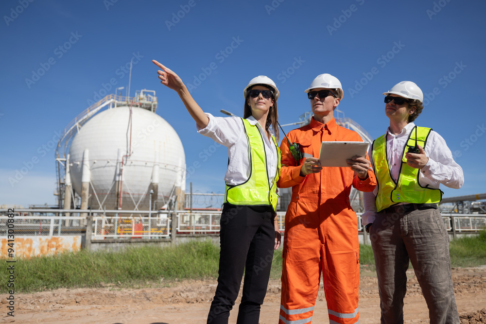 Group of petroleum engineers having a discussion at the site Group of petroleum engineers having a discussion at the site