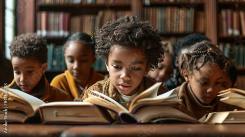 young black boys and girls learning in a library
