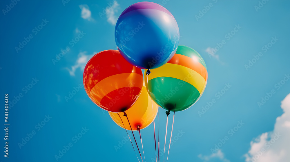 Colorful Balloons Floating in Bright Blue Sky at Festive Outdoor Event Colorful Balloons Floating in Bright Blue Sky at Festive Outdoor Event