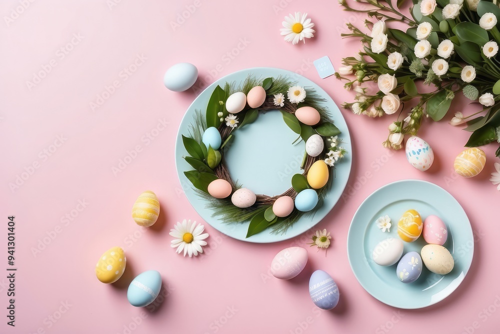 Easter Egg Wreath on a Plate with Flowers and Eggs on a Pink Background Easter Egg Wreath on a Plate with Flowers and Eggs on a Pink Background