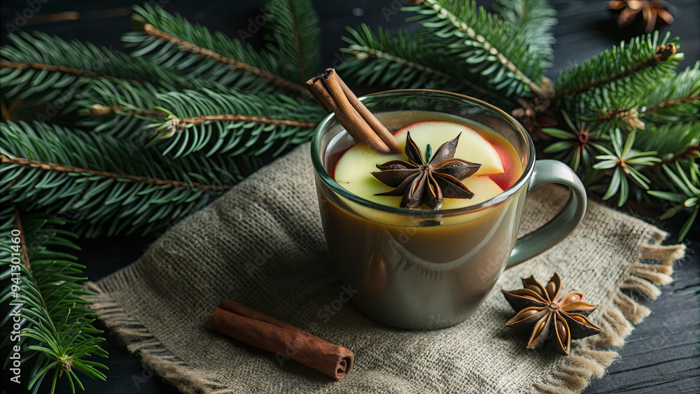 A cozy mug filled with a warm spiced drink is adorned with star anise and cinnamon sticks, resting on burlap among fresh pine branches, evoking a festive winter atmosphere A cozy mug filled with a warm spiced drink is adorned with star anise and cinnamon sticks, resting on burlap among fresh pine branches, evoking a festive winter atmosphere