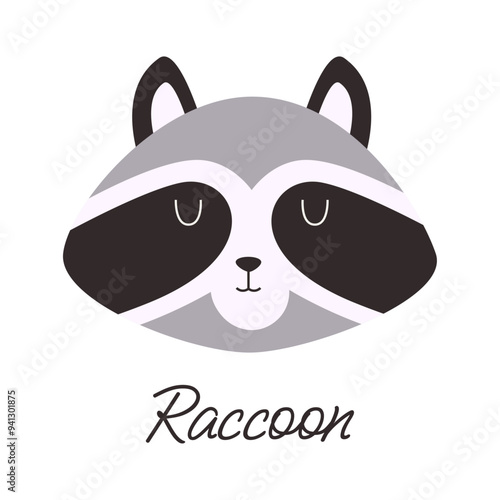 Cute raccoon face drawn in cartoon style. Creative and modern print for children's clothes.