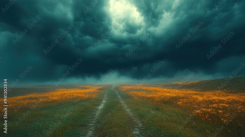 Dramatic Storm Clouds Over a Field of Yellow Wildflowers with a Dirt Path Leading into the Distance Dramatic Storm Clouds Over a Field of Yellow Wildflowers with a Dirt Path Leading into the Distance