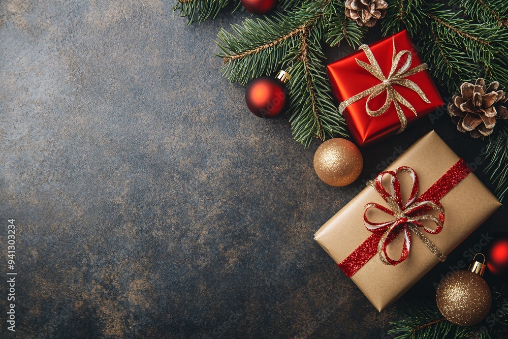 Christmas decoration background with pine branches, christmas balls and gifts Christmas decoration background with pine branches, christmas balls and gifts