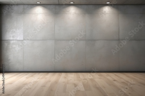 Minimalist Concrete Wall with Wooden Floor and Recessed Lighting