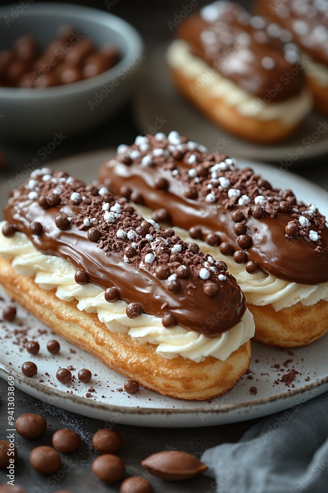 Close-up of eclairs with chocolate and cream on top Close-up of eclairs with chocolate and cream on top