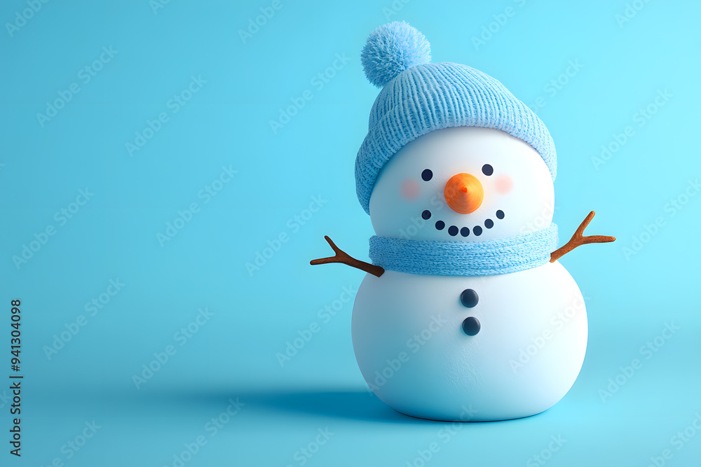 3d cartoon Happy snowman wearing a scarf and hat isolated on blue background 3d cartoon Happy snowman wearing a scarf and hat isolated on blue background